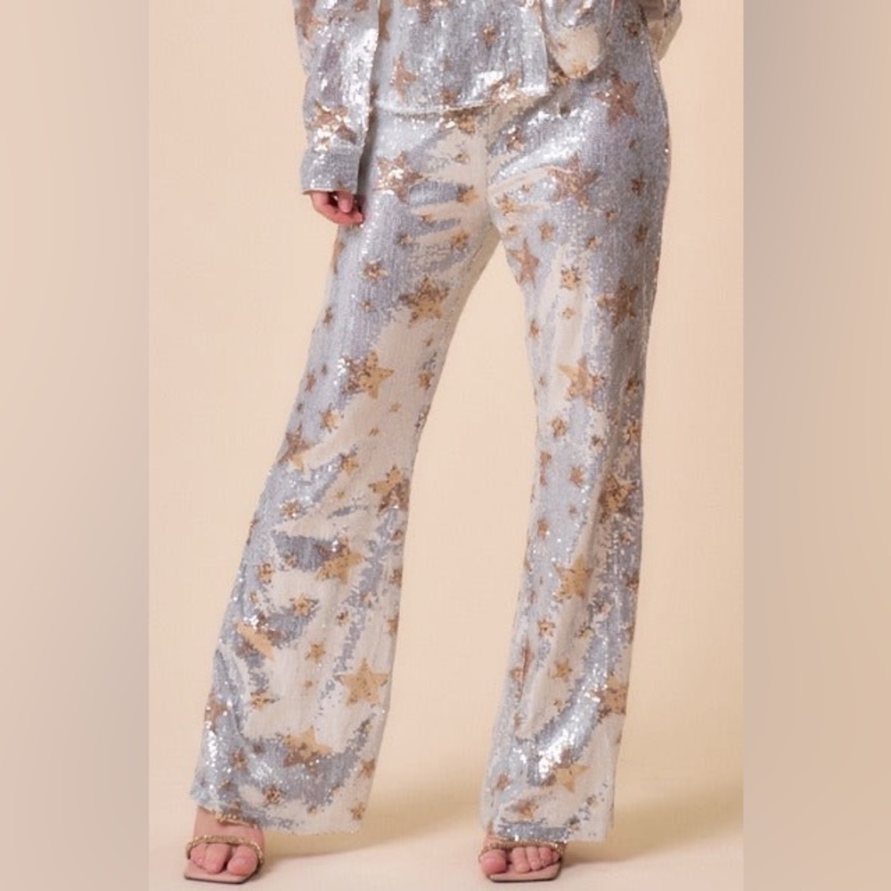 High Waist Sequin Star Flare Trouser Pants - Main Strip